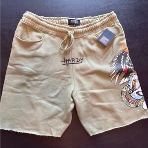 Ed Hardy Men’s Sweat Shorts Medium Sage (green) Skull Eagle Graphic Raw Hem. NWT